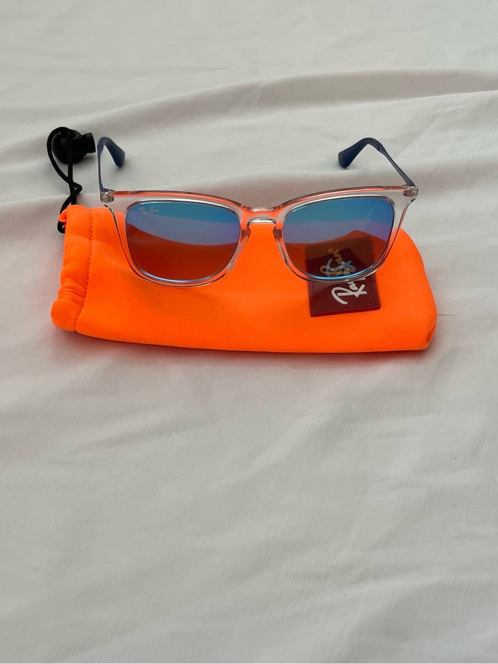 Ray-Ban Kids Clear Frame Sunglasses with Blue Lenses and Orange Pouch